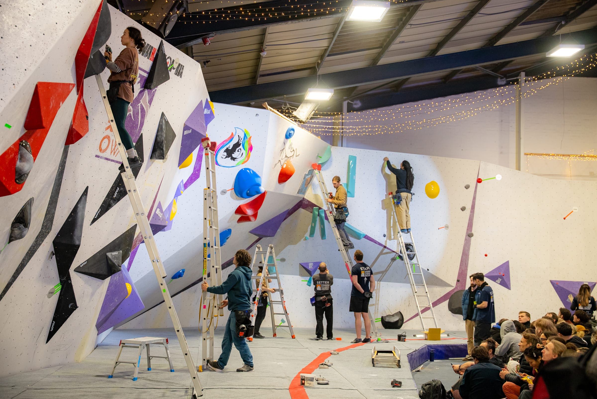 Wide view of a competition wall during an event